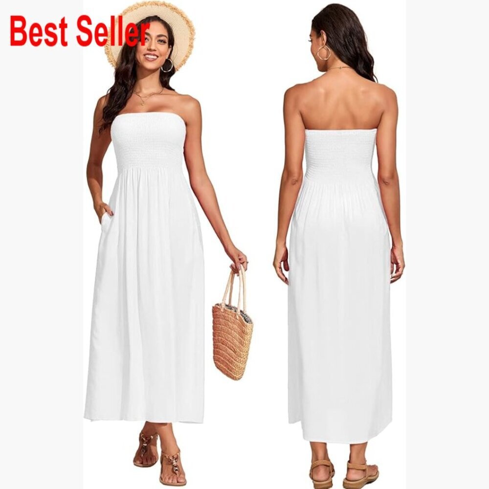 100% Cotton Strapless Maxi Sundress with Pockets A-Line Swing Dress